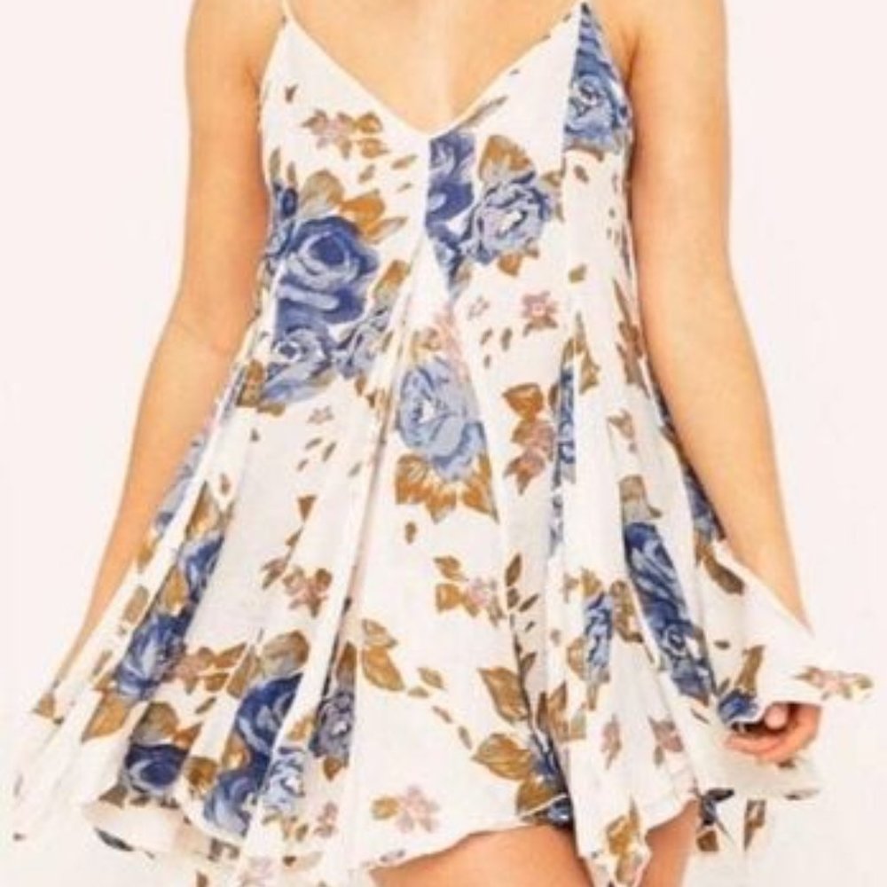 Free People Mini Dress | Tank Top | White w/ Blue Flowers